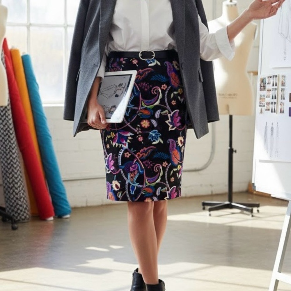 Black Multi-Color Floral Pencil Skirt Vibrant Psychedelic Neon Maximalist